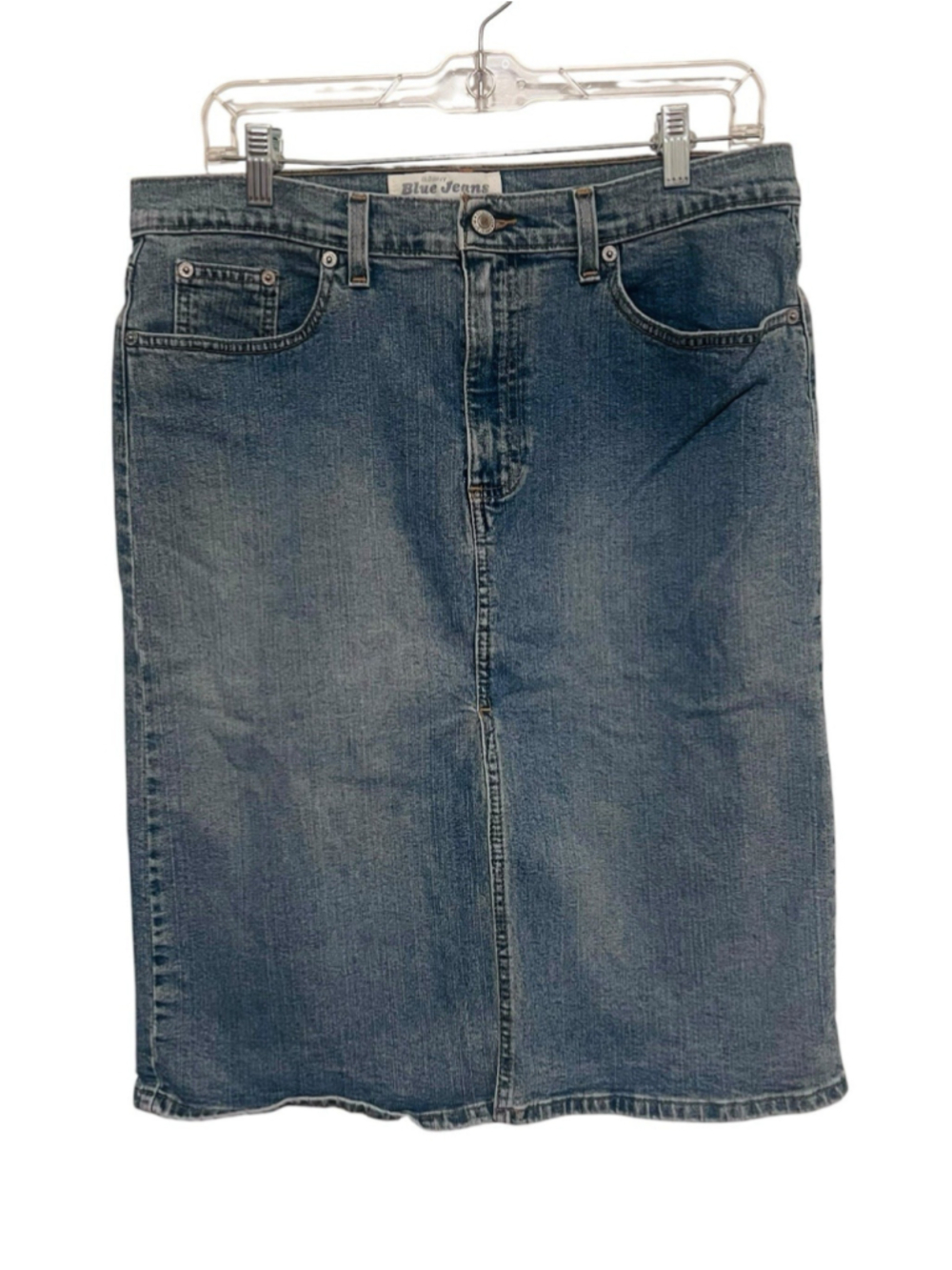 Old Navy Blue Denim Midi Skirt Women’s Size 12 Slit Front Stretch
